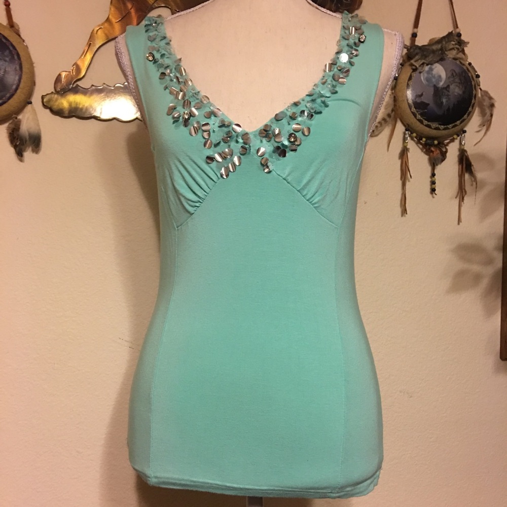 Moda international mint blue beaded tank top S